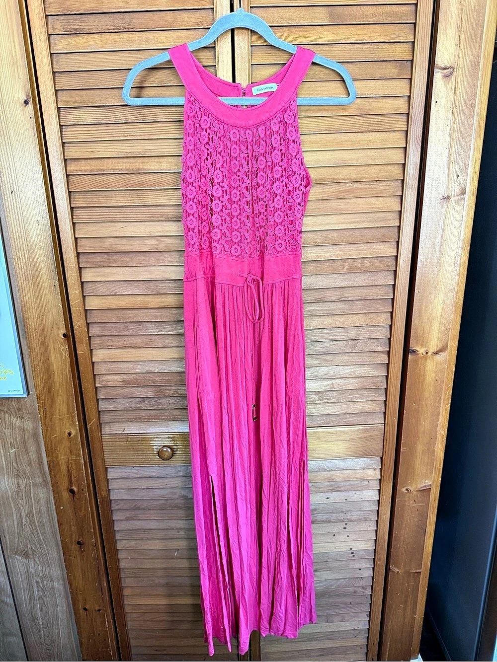 Calvin Klein Crochet Lace Panel Drawstring Waist Maxi Dress Pink 10 Like New